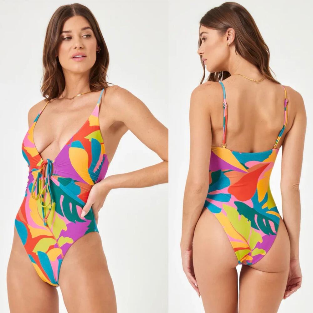 L*Space Piper Keyhole Tie Leaf Print One Piece Bitsy Cut Swimsuit Women XS NWT